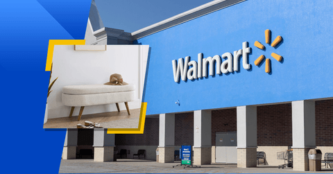 Collage of Walmart store front and picture of storage bench product