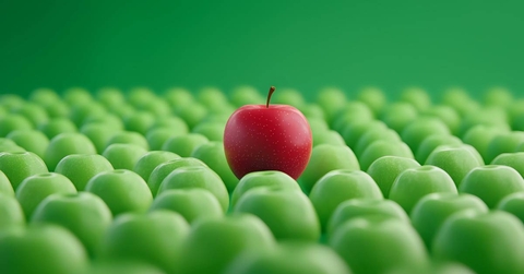 Red apple standing out among rows of green apples