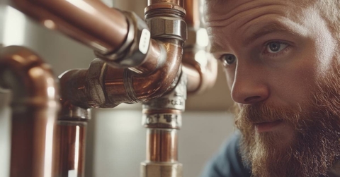 Home inspector looking at pipes closeup