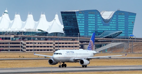 united plane on the runway at denver international airport