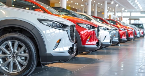 car at a bustling car dealership showroom