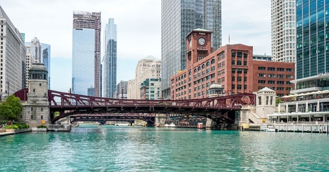 Chicago river with bridge and buildings in background
