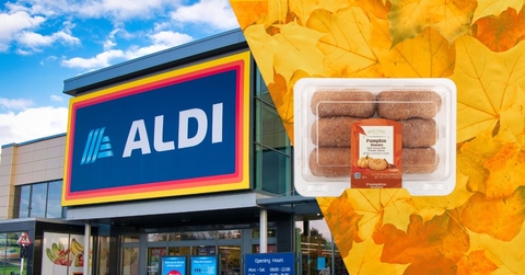 Aldi storefront with pumpkin donuts collage