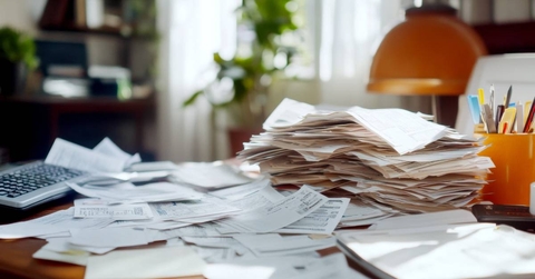 Desk filled with overwhelming piles of bills and cluttered paperwork