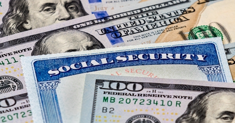 social security benefits identification card with dollar bills