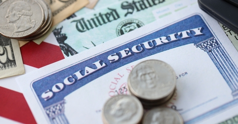 social security number card and calculator on American flag