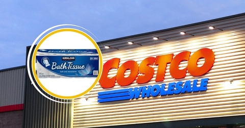 Costco storefront with Kirkland Signature toilet paper collage