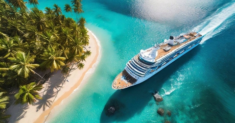 Aerial view of a large cruise ship in front of a small tropical island