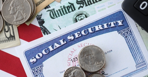 social security number card and calculator on American flag