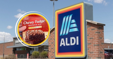 Aldi storefront with brownie mix collage