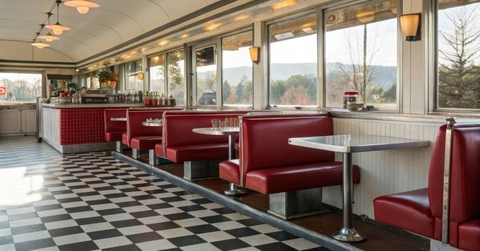 Classic diner interior with red booths and checkered floor
