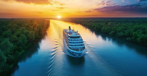 Cruise ship navigating river at sunset