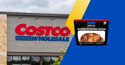 Costco storefront with rotisserie chicken collage