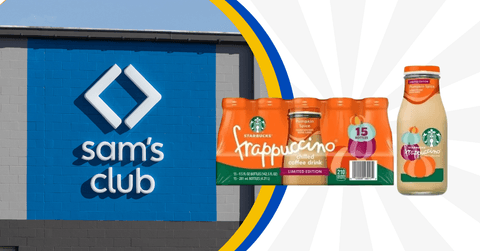 Collage of Sam&#x27;s Club storefront and case of Starbucks Frappuccino 