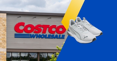 Costco storefront with PUMA sneakers collage