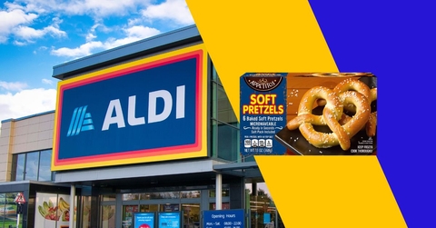 Aldi storefront with soft pretzels collage