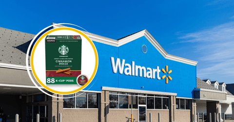 Collage of Walmart store front and Starbucks coffee product