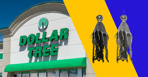 Collage Dollar Tree store front and Halloween hanging skeletons item