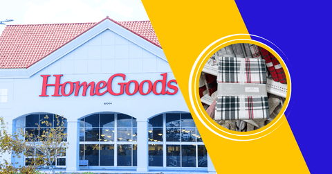 Collage of HomeGoods store front and plaid sheets 