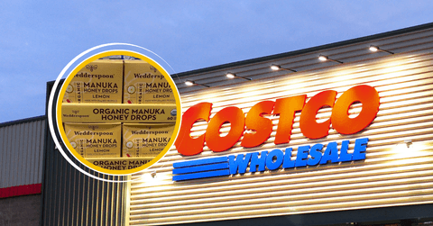 Collage of Costco store front and Manuka Honey Drop product
