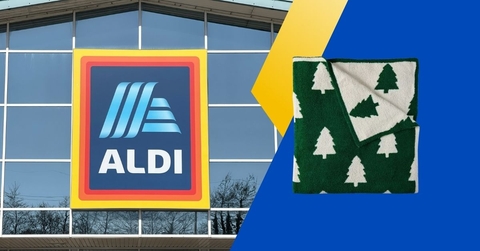 Aldi logo with holiday blanket collage