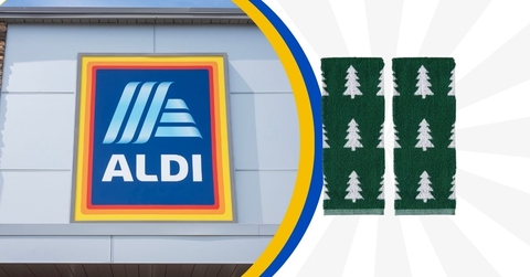 Aldi storefront with holiday hand towels collage
