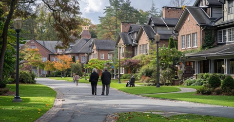 Senior couple walking around retirement community