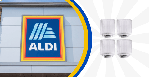 Glass set and ALDI store logo collage