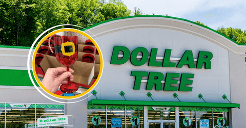 Collage of Dollar Tree storefront and product Santa belt red cup