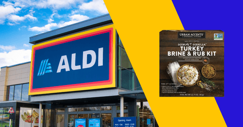 Collage of Aldi store and Turkey Brine &amp; Rub product box