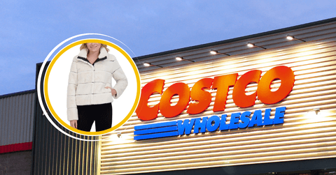 Collage of Costco&#x27;s front store logo and clothing product jacket model is wearing