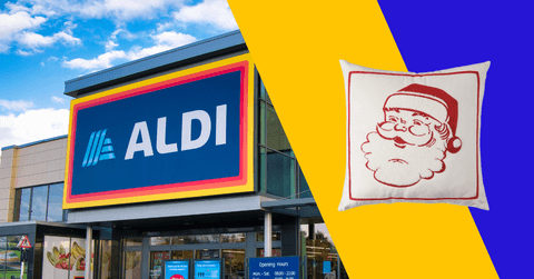 Collage of Aldi store front and Santa throw pillow product