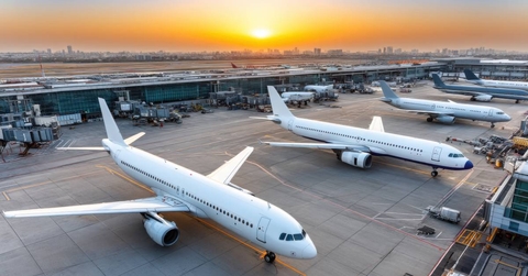 Airplanes parked on tarmac during sunset