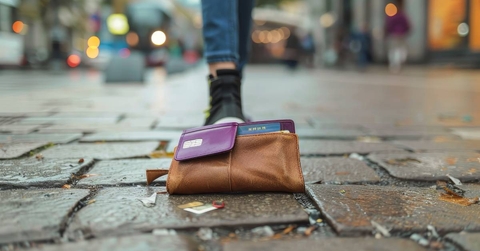 A misplaced brown leather wallet with visible credit cards lying on the rainy pavements of a city street 
