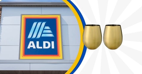 Aldi storefront with wine glasses