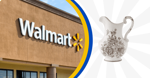 Collage of Walmart storefront and a porcelain pitcher product