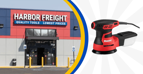 Collage of Harbor Freight store front and tool