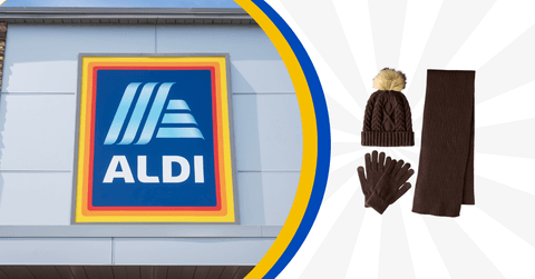 Collage of ALDI frontstore and a scarf and beanie set 
