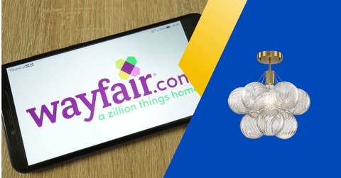 Wayfair site on the phone and chandelier product collage