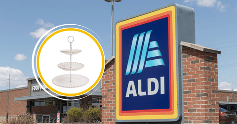 Collage of Aldi store logo and three tier serving platter product