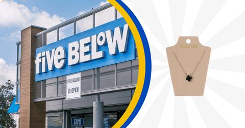 Collage of Five Below storefront and a jewelry product