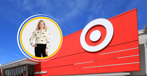 Collage of Target&#x27;s storefront and a model wearing a sweater 