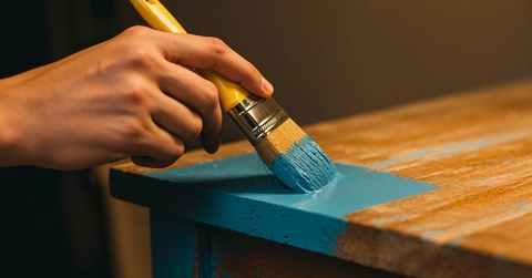 Painting vintage wooden furniture with light blue brush