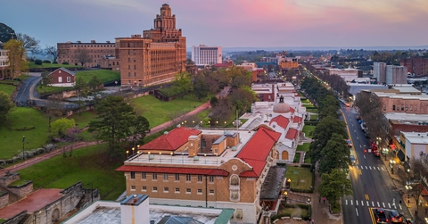 Sunset aerial view of the downtown Hot Springs