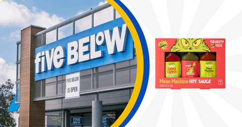 Collage of Five Below storefront and a hot sauce trio product