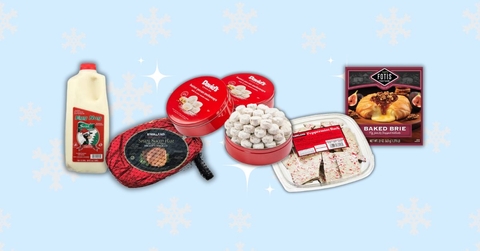 Collage of Costco Christmas foods on holiday background