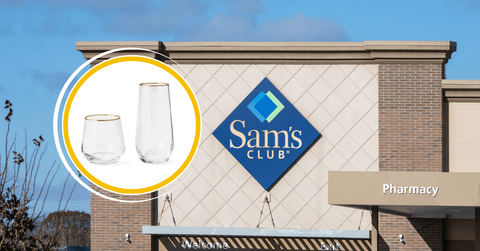 Collage of Sam's Club storefront and set of glasses