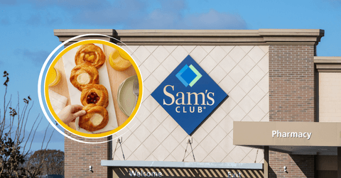Sams Club breakfast item and storefront collage