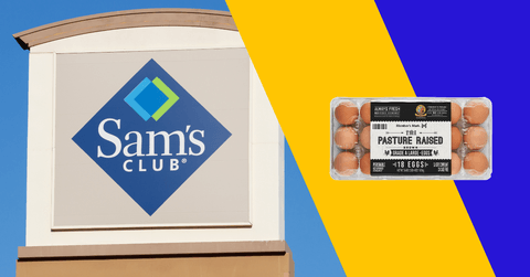 Sam's Club storefront and egg product collage