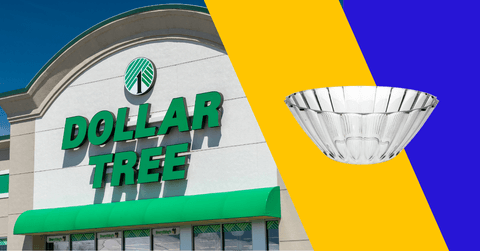 Collage of Dollar Tree storefront and clear bowl product